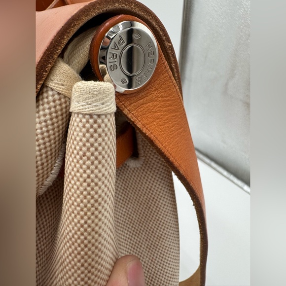 Hermes Tan Leather and Cream Canvas Crossbody Bag - Picture 13 of 16